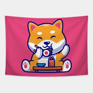 Cute Shiba Inu Dog Eating Sushi Cartoon Tapestry