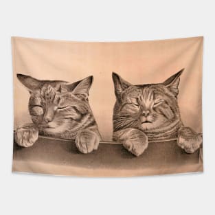 Two cute brindle and tabby kittens. Cat brothers. Family of Cats. Drawing of cats with closed eyes Tapestry