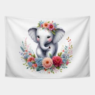 An elephant decorated with beautiful colorful flowers. Tapestry