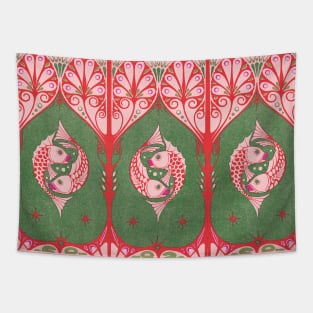 FISHES UNDERWATER WITH SEA PLANTS Red Green Pink Art Nouveau Nautical Decor Tapestry