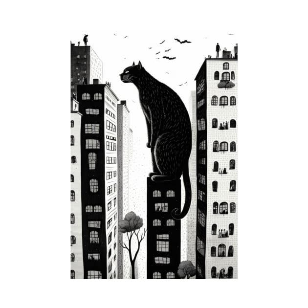 Big City Cat Looking into Peoples Windows Black and White Illustration by TheJadeCat