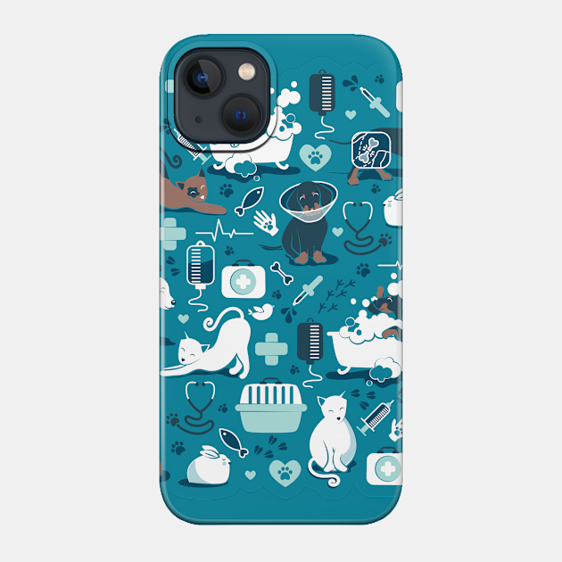 Veterinary medicine, happy and healthy friends // turquoise background aqua details navy blue white and brown cats dogs and other animals - Veterinarian Medicine - Phone Case