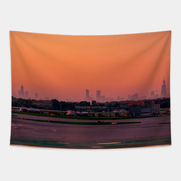 Empty O'Hare Runways, Chicago Skyline Silhouette Tapestry by Enzwell