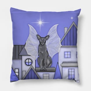 Winged cat. Dragon wings.Night city.Purple Pillow