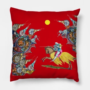 WEIRD MEDIEVAL BESTIARY WAR, KNIGHT HORSEBACK COMBATTING GIANT SNAILS IN ROYAL RED Pillow