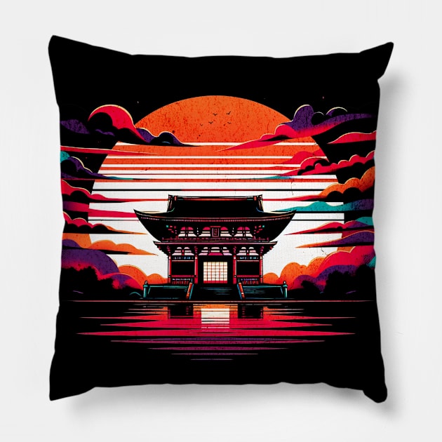 Meiji Shrine Tokyo Retro Design Pillow by Miami Neon Designs