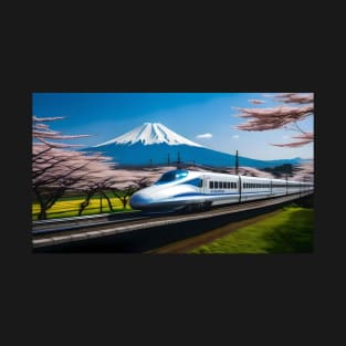 Shinkansen Bullet Train With Mt Fiji Digital Drawing T-Shirt