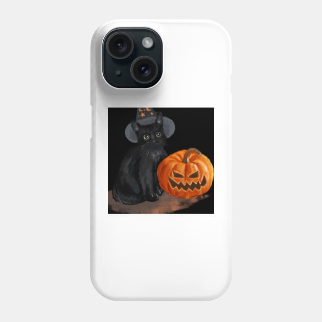 Halloween Cat with Scary Orange Pumpkin and Party Hat Phone Case by BirdsnStuff