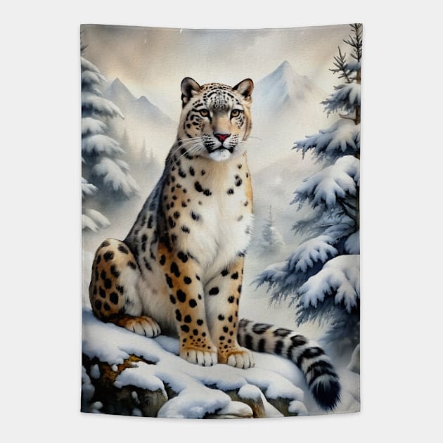 A Proud Snow Leopard Went Hunting, in the Snowy forest, Hight Mountains, Snow Falling, Winter Landscape, Wildlife White Panthera, Watercolor Realistic Illustration, Art, Portrait, Poster, Shirt, Christmas Holiday, Birthday gifts, Hunting lover Tapestry by sofiartmedia