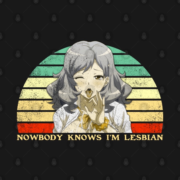 Nobody Knows I'm A Lesbian - Lesbian Anime Pun - Retro Sunset by clvndesign