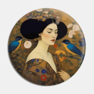 Beautiful Woman with Birds in a Garden Pin