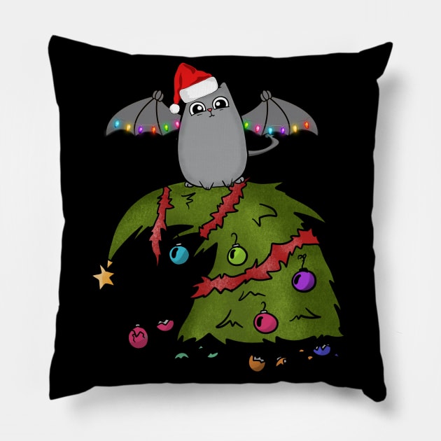 Bat Dragon Cat with Santa Hat on Christmas Tree Pillow by Wanderer Bat