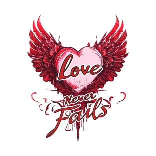 Red Love Never Fails T-Shirt - Vintage Winged Heart Painting T-Shirt