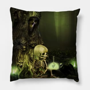 Alone in the creepy night, cute skeleton with crow Pillow