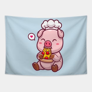 Cute Chef Pig Eating Pizza Cartoon Tapestry