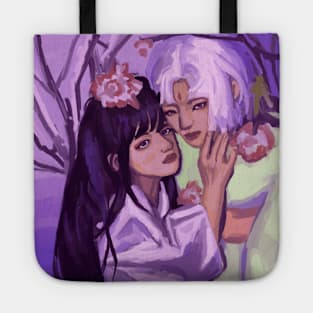 Anime couple in snowy garden art Tote