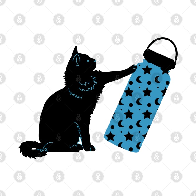 Black cat and blue water bottle by Wlaurence