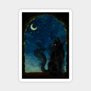 Shadow Black Cat Moon Night - Digital Art Painting Magnet