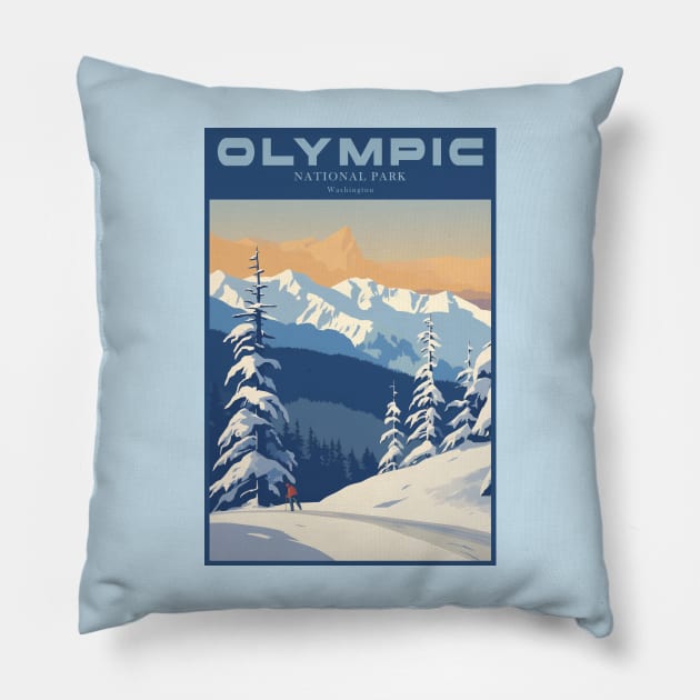 Olympic National Park Vintage Travel Poster Pillow by GreenMary Design