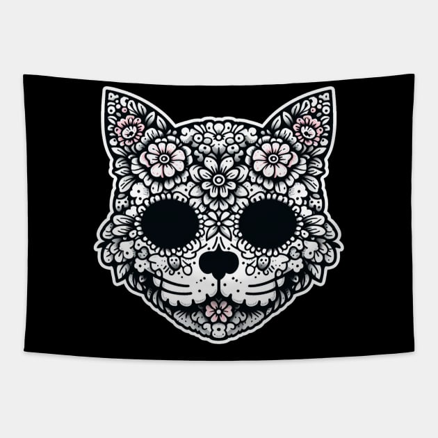 Monochromatic Floral Cat Tapestry by Lovely Animals