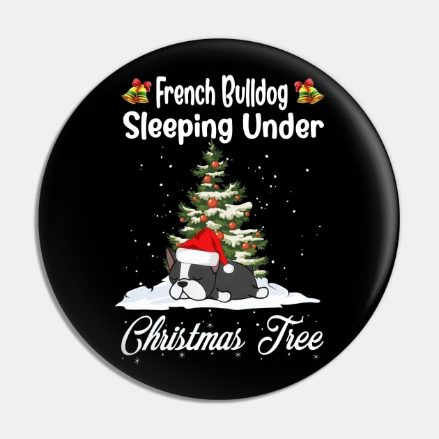 French Bulldog Sleeping Under Christmas Tree Funny Xmas Pin by PlumleelaurineArt