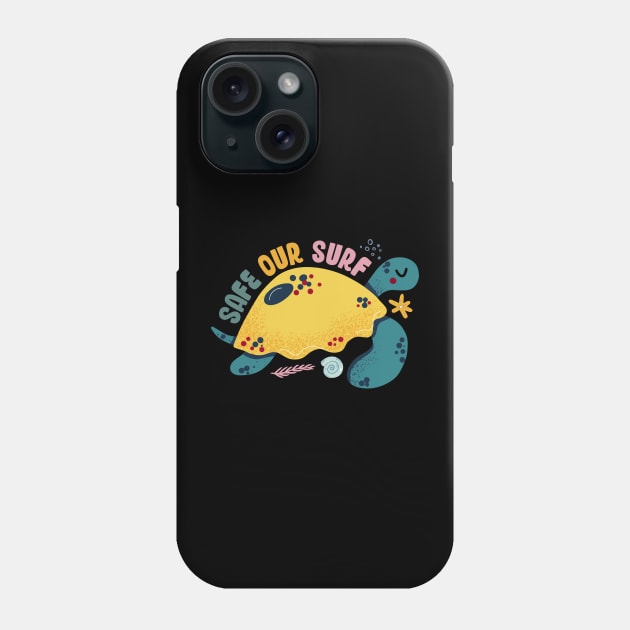 Safe our Surf quote with cute sea animal turtle, starfish, coral and shell aesthetic pastel color illustration. Phone Case by jodotodesign