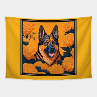 Dogs, shepherd dog and flowers, dog, seamless print, style vector (Yellow version shepherd dog ) Tapestry