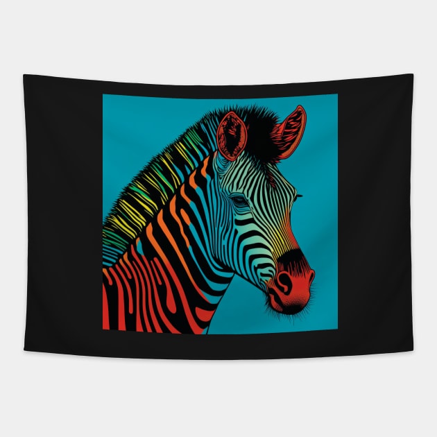 Zebra in red, orange and blue Tapestry by Geminiartstudio