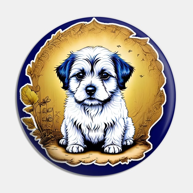 White Havanese Puppy Dog with Black Ears in a Golden Spring Setting Pin by SymbioticDesign