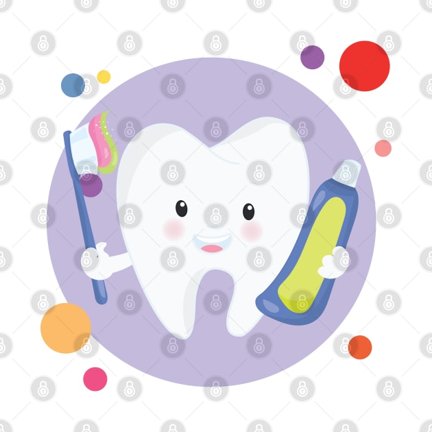 Clean Teeth With Smiling Happy Kawaii Cute Tooth Holding Toothpaste And Toothbrush by The Little Store Of Magic