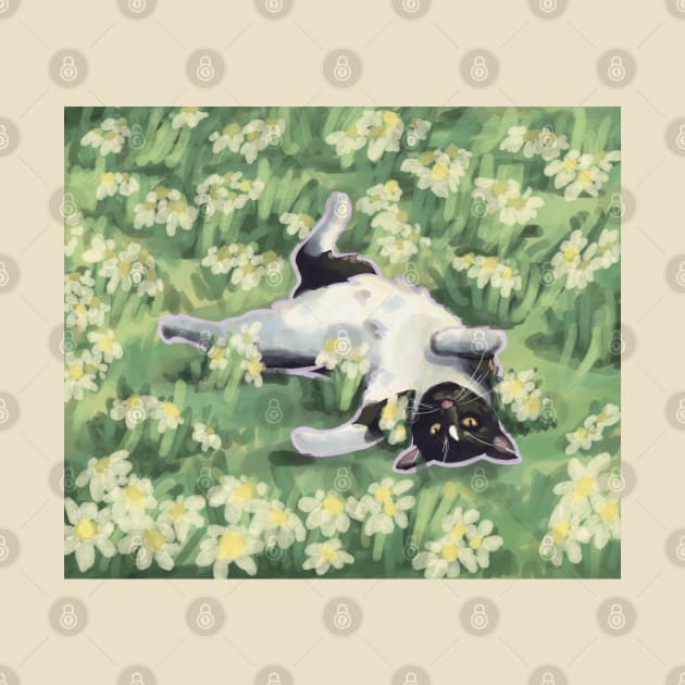 Cute Cat Frolicking in Flower Field by danyellysdoodles