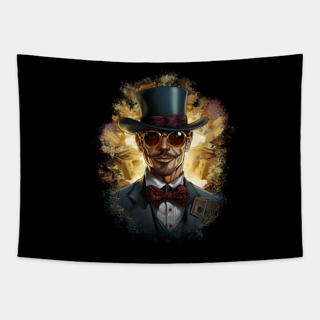 Illustration Design - Sophisticated Gentleman in Glasses, Suit with Top Hat, Amidst a Cascade of Dollars. Tapestry by Art KateDav