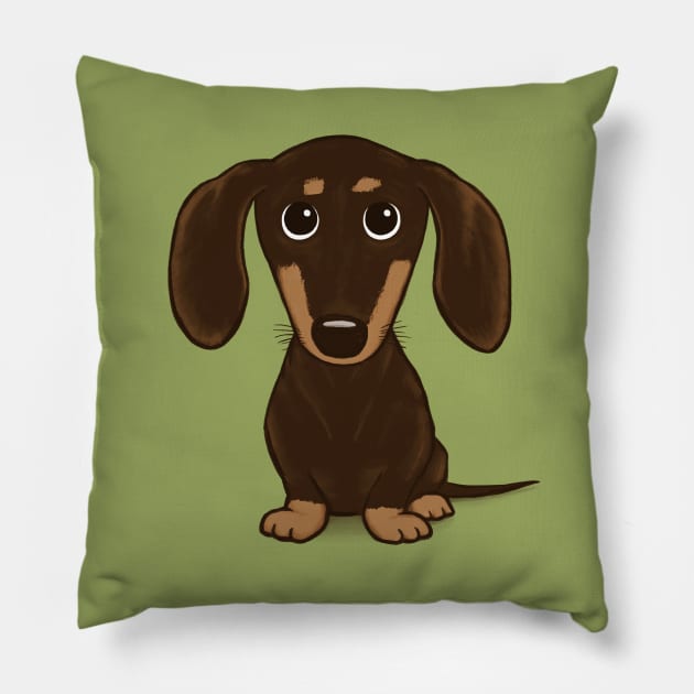 Cute Chocolate Dachshund | Cartoon Wiener Dog Pillow by Coffee Squirrel