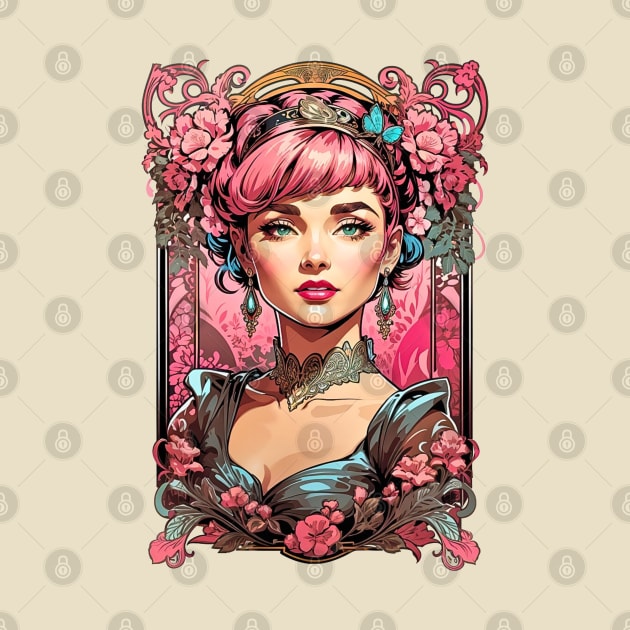 Bohemian Pink Haired woman retro vintage floral design by Neon City Bazaar