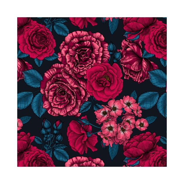 Pink, red and bi-color roses with blue leaves on black by katerinamk