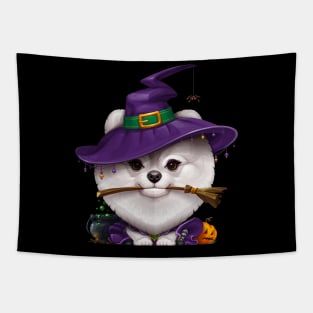 White Pomeranian Witch Halloween Tapestry