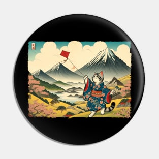 Vintage Japanese Art Kite Flying Mountain Mt. Fuji Cute Cat Pin