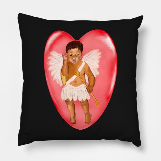 The Best Valentine’s Day Gift ideas 2022, Confused Cupid in a Redbubble .... baby angel holding an arrow - In a contemplative pose with curly Afro Hair and gold arrow Pillow by Artonmytee