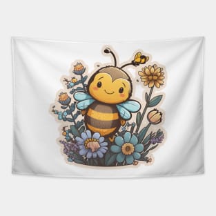 Adorable Bee with Flowers Cartoon Art Tapestry