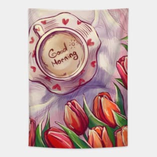 Illustration artwork with coffee red tulips flowers Tapestry