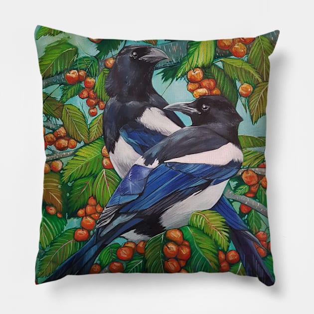 Magpie covid cherry tree birds Pillow by StephaniePerryArt