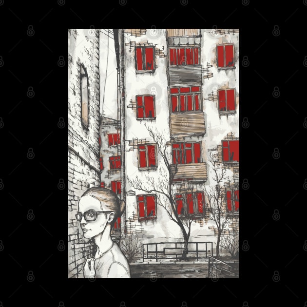 girl with glasses on the background of houses with red windows by Takeshi Kolotov