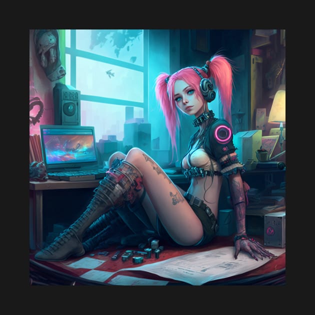 Cyberpunk Female Gamer Art by AICreateWorlds