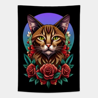 Cat tattoo style with roses 8 Tapestry