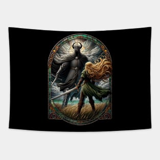 Epic Duel in Stained Glass - A Fierce Maiden and a Dark Wraith - Fantasy Tapestry