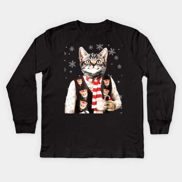Hipster Cat Wearing Pizza Cat Sweater Funny Christmas Tee