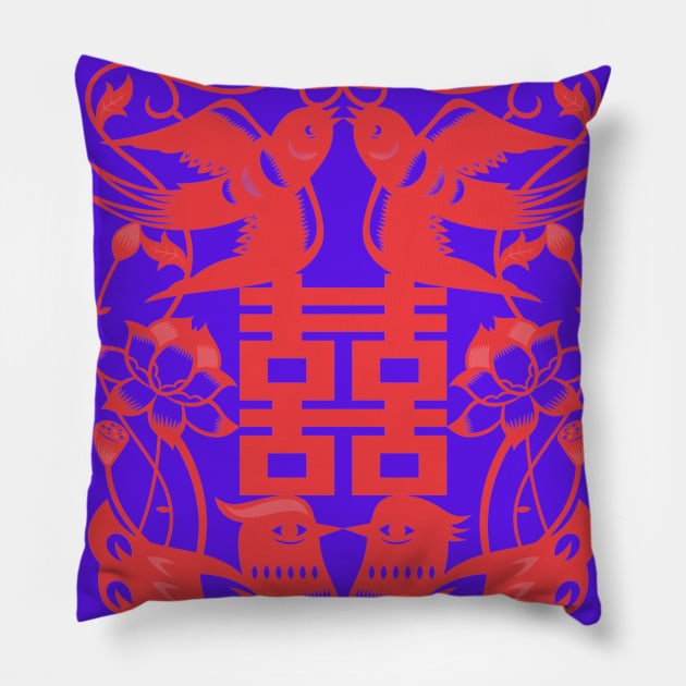 Traditional Chinese Paper Cutting Pattern - Hong Kong Retro Deep Purple with Red Symbol Pillow by CRAFTY BITCH