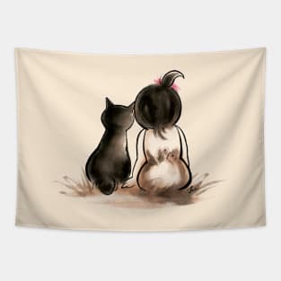 Cat and girl Tapestry