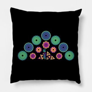 Mandala Peacock | Rainbow Polygons Black Pillow