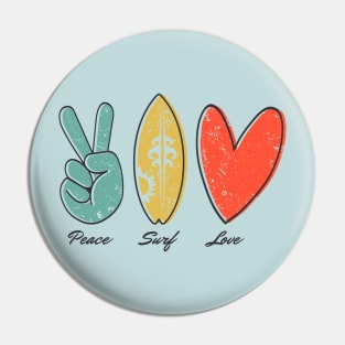 Peace, Surf, Love, finger peace sign, surfboard, Heart Ribbon Pin